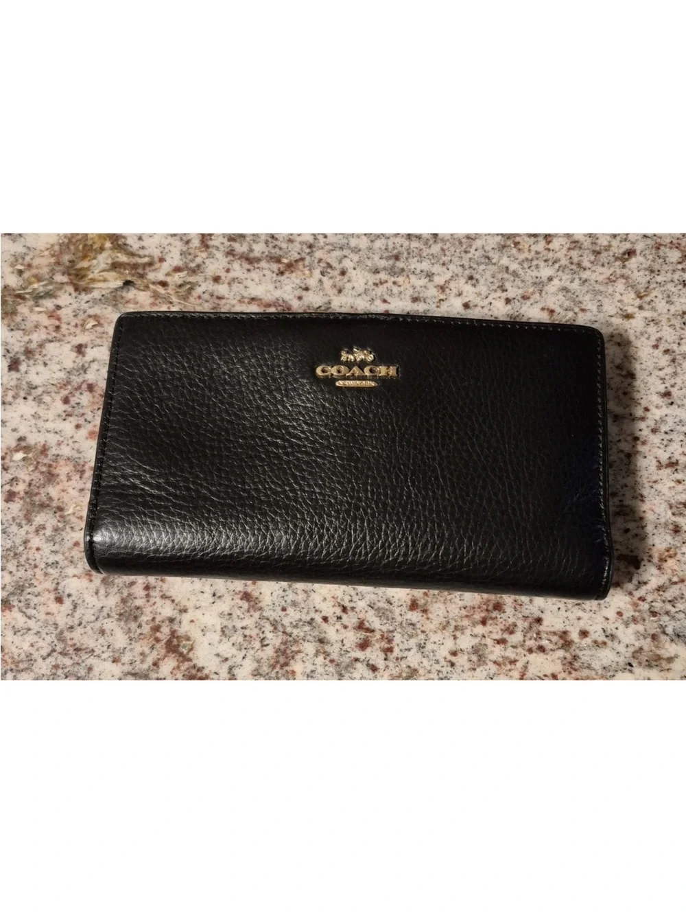 Coach Black Pebbled Leather Continental Wallet with Gold Emblem